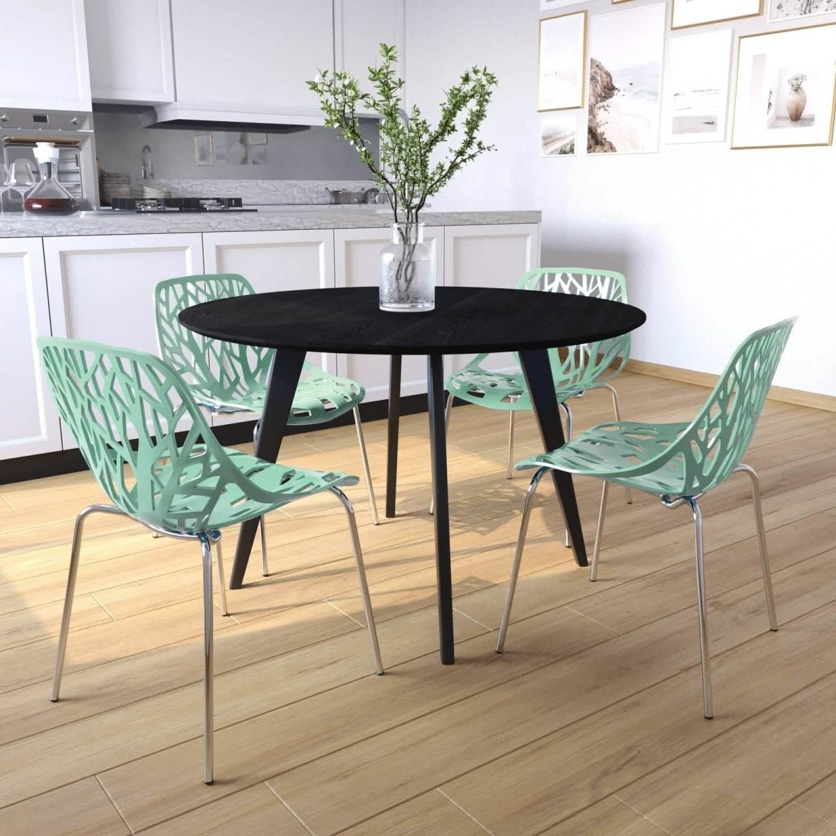 Ravenna 5 - Piece Dining Set: 4 Stackable Plastic Chairs & Round Wood Table, Metal Base