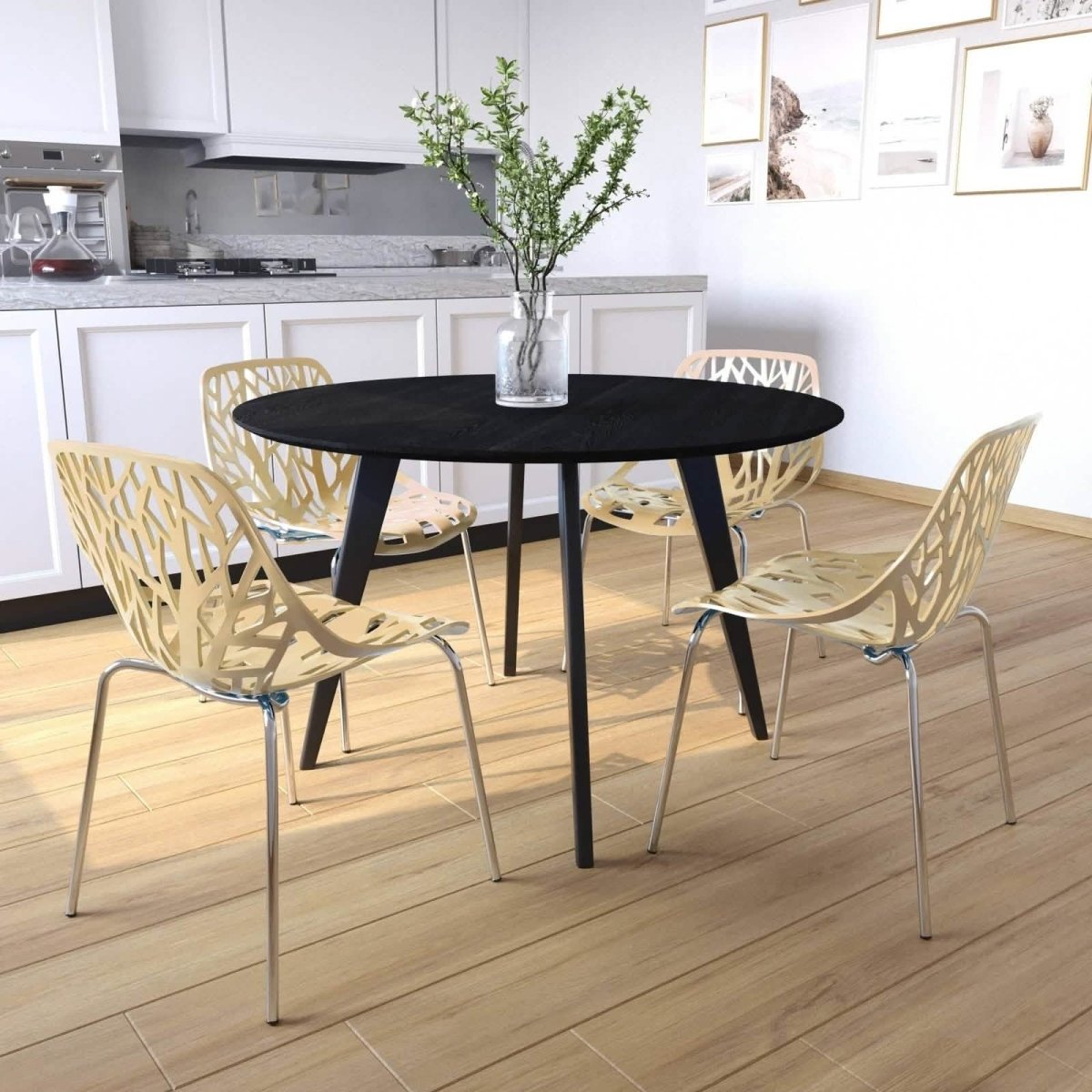 Ravenna 5 - Piece Dining Set: 4 Stackable Plastic Chairs & Round Wood Table, Metal Base
