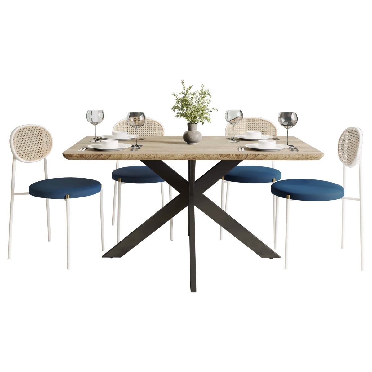 Ravenna 5 - Piece Dining Set with 63" Rectangular Dining Table in Maple with 4 Velvet Dining Chairs in White Steel Legs