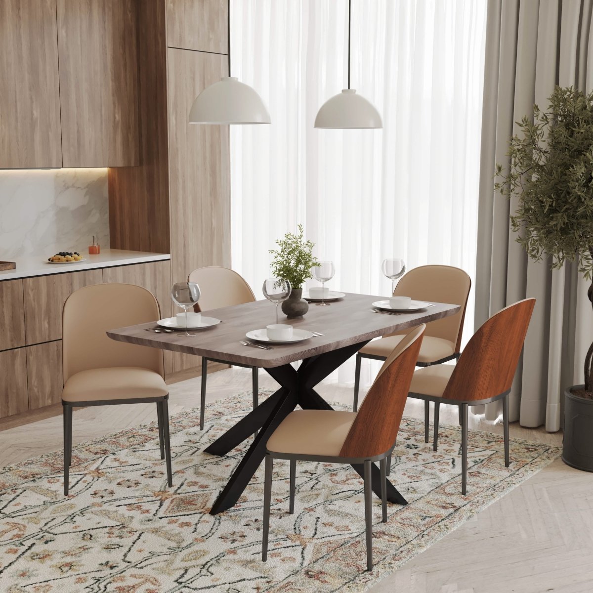 Ravenna 6 - Piece Dining Set with 63" Rectangular Dining Table in Rustic Grey and 5 Leather Dining Chairs