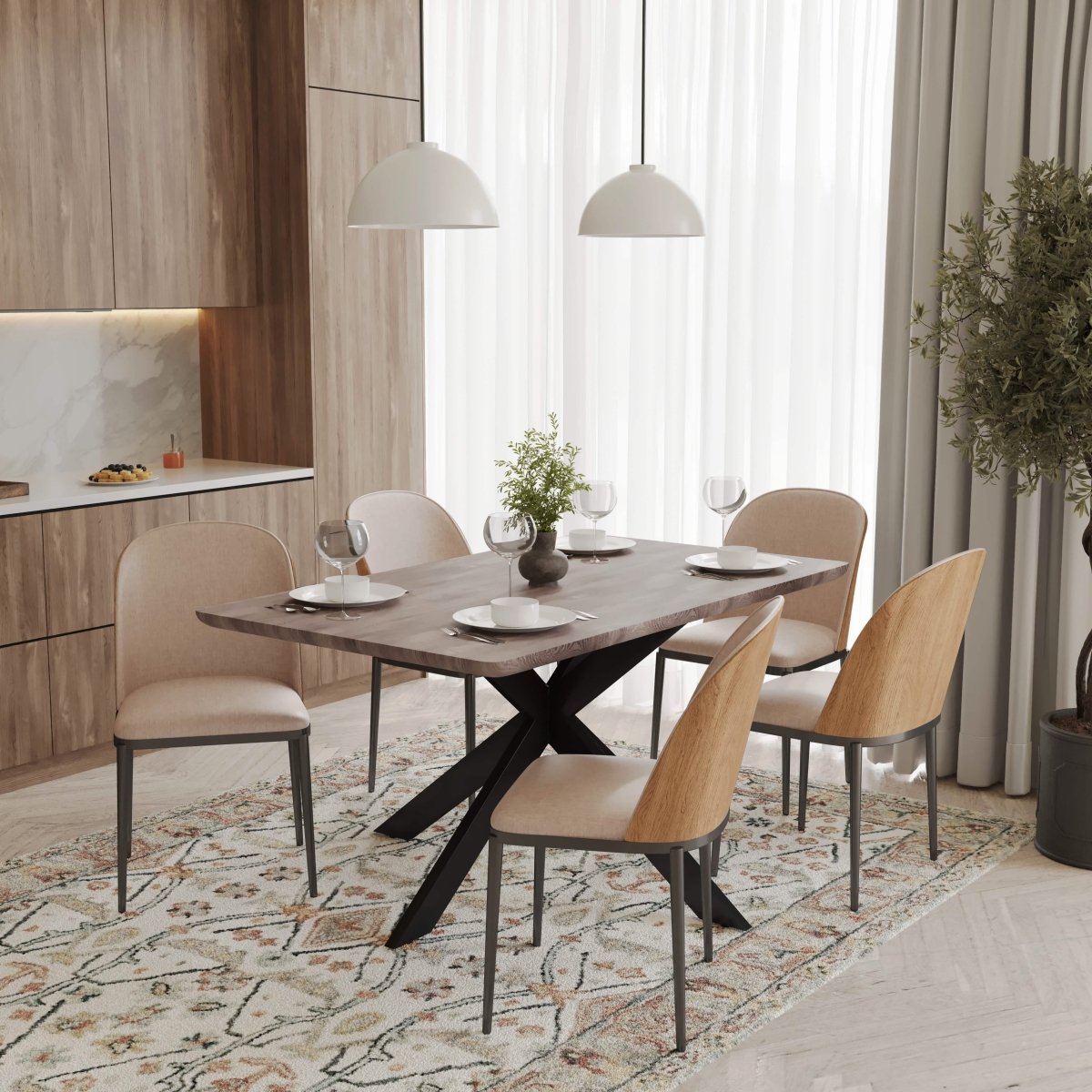 Ravenna 6 - Piece Dining Set with 63" Rectangular Dining Table in Rustic Grey and 5 Leather Dining Chairs