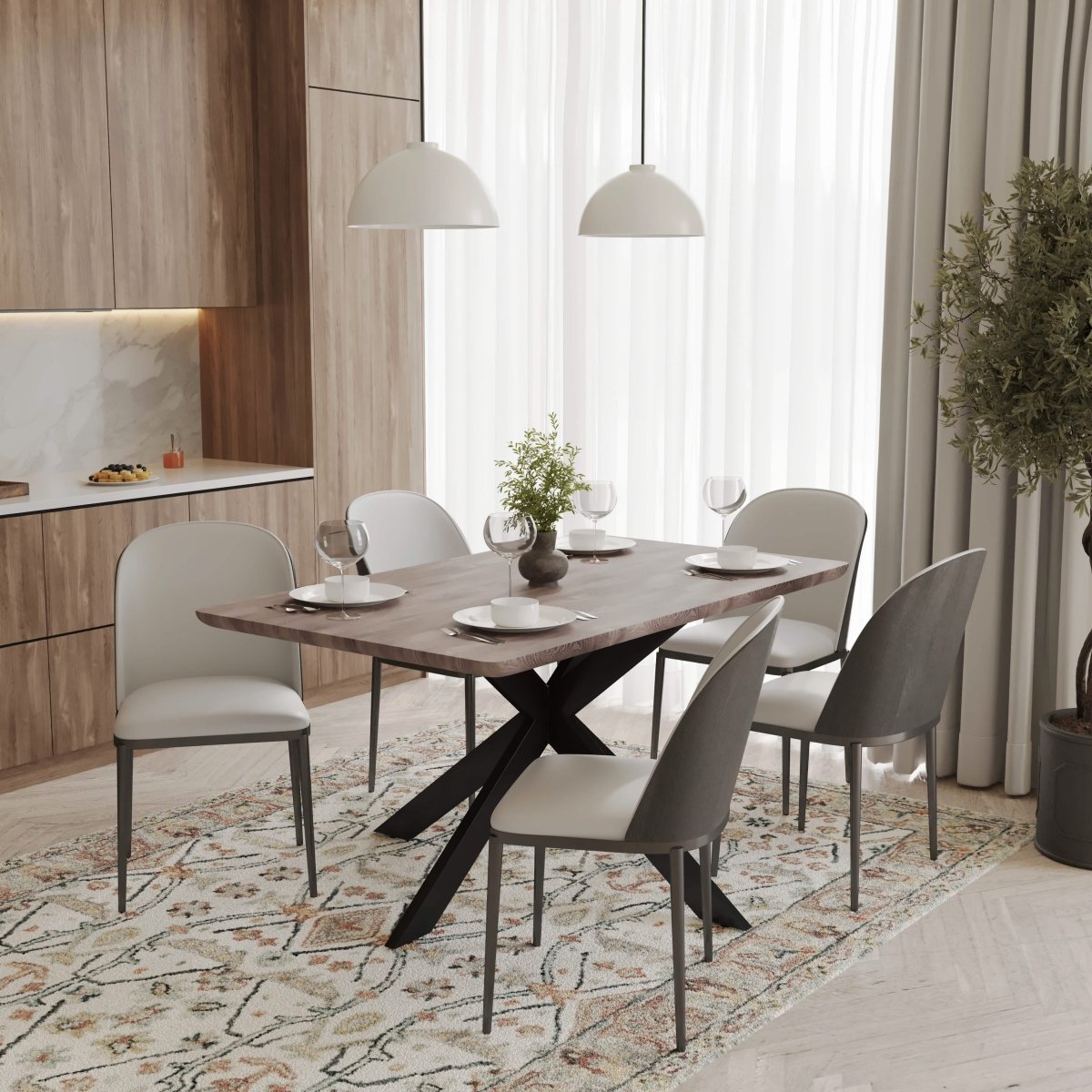 Ravenna 6 - Piece Dining Set with 63" Rectangular Dining Table in Rustic Grey and 5 Leather Dining Chairs