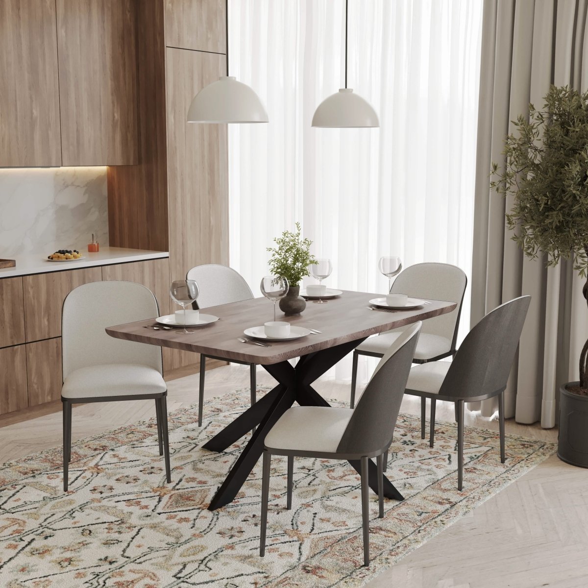 Ravenna 6 - Piece Dining Set with 63" Rectangular Dining Table in Rustic Grey and 5 Leather Dining Chairs