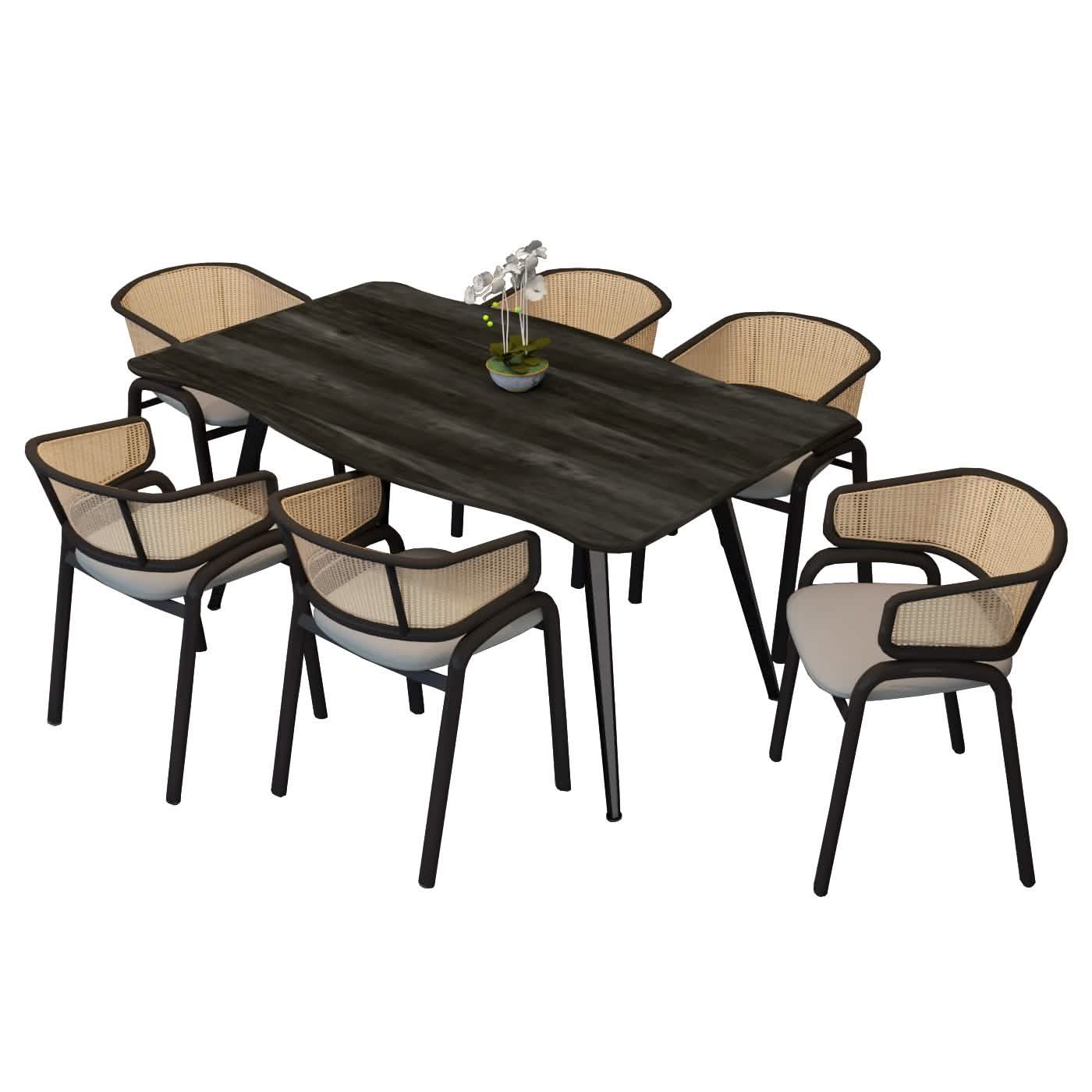 Ravenna 7-Piece Dining Set with 63” Rectangular Table and 6-Piece Velvet Arm Chairs Dining Set Leisuremod