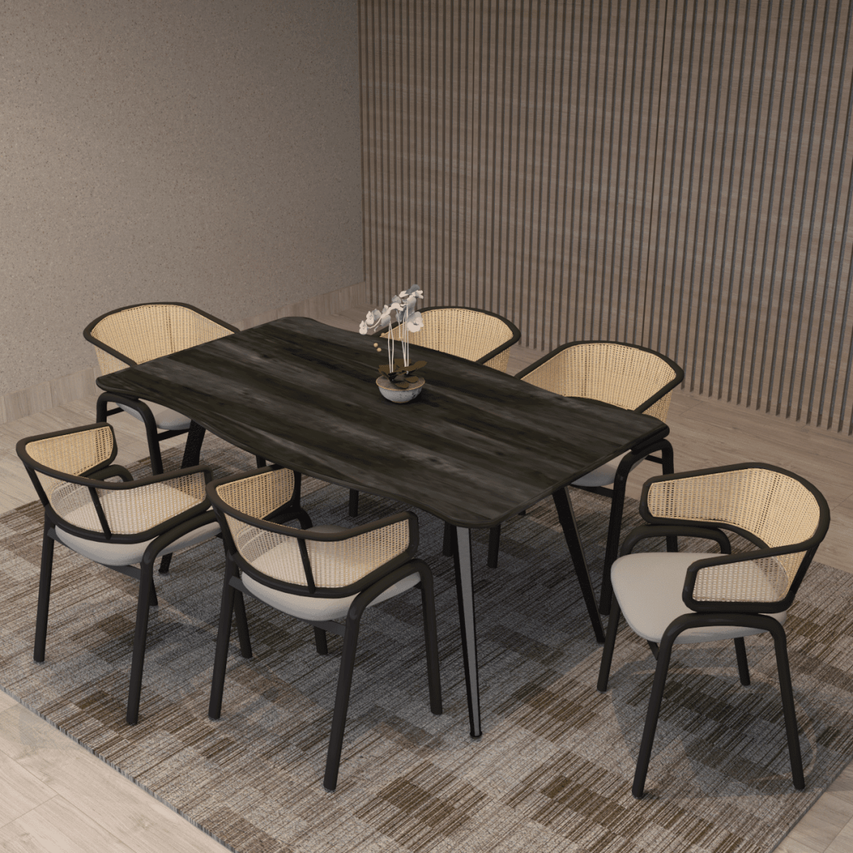 Ravenna 7-Piece Dining Set with 63” Rectangular Table and 6-Piece Velvet Arm Chairs Dining Set Leisuremod