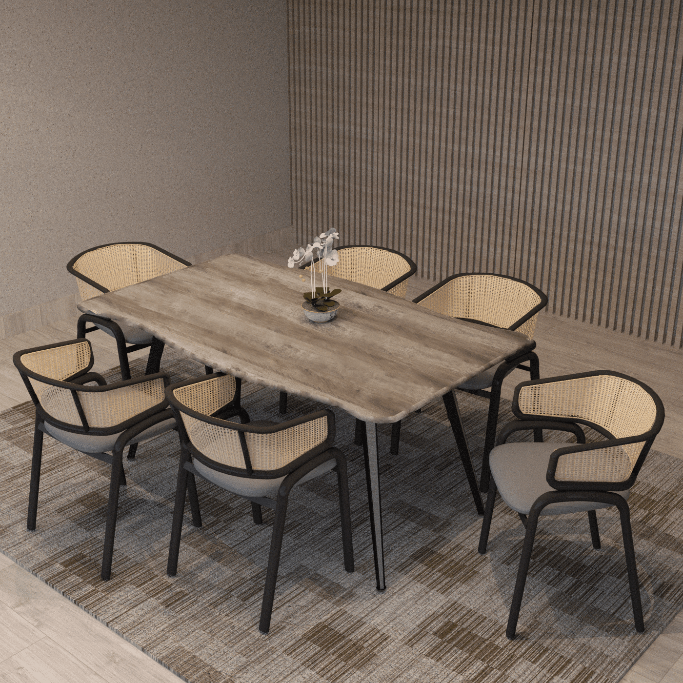 Ravenna 7-Piece Dining Set with 63” Rectangular Table and 6-Piece Velvet Arm Chairs Dining Set Leisuremod