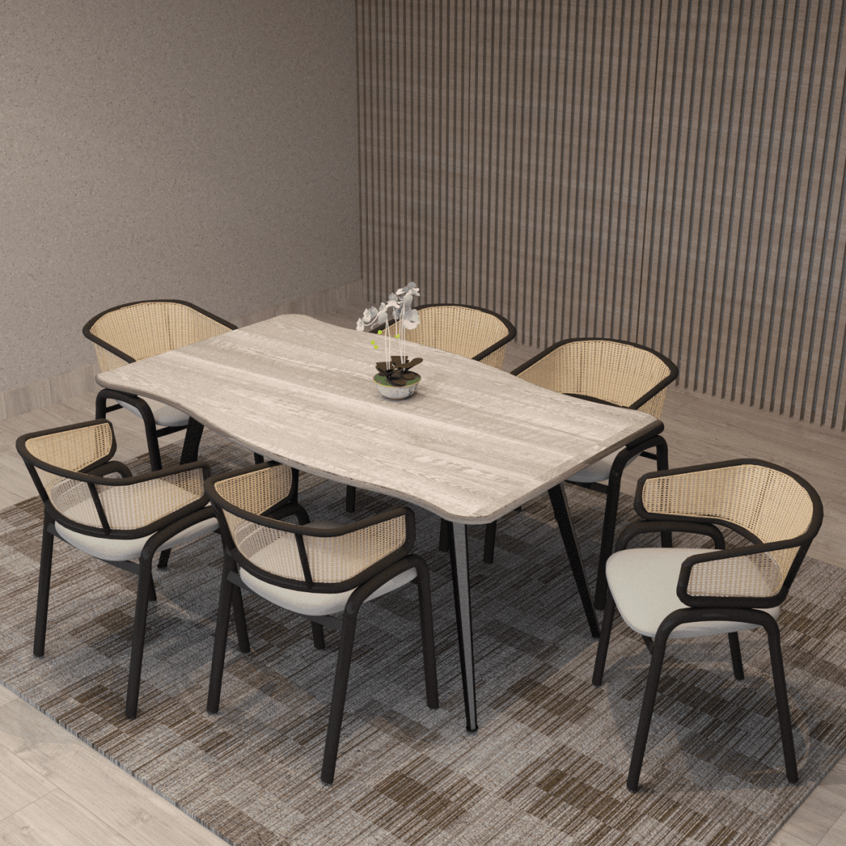 Ravenna 7-Piece Dining Set with 63” Rectangular Table and 6-Piece Velvet Arm Chairs Dining Set Leisuremod