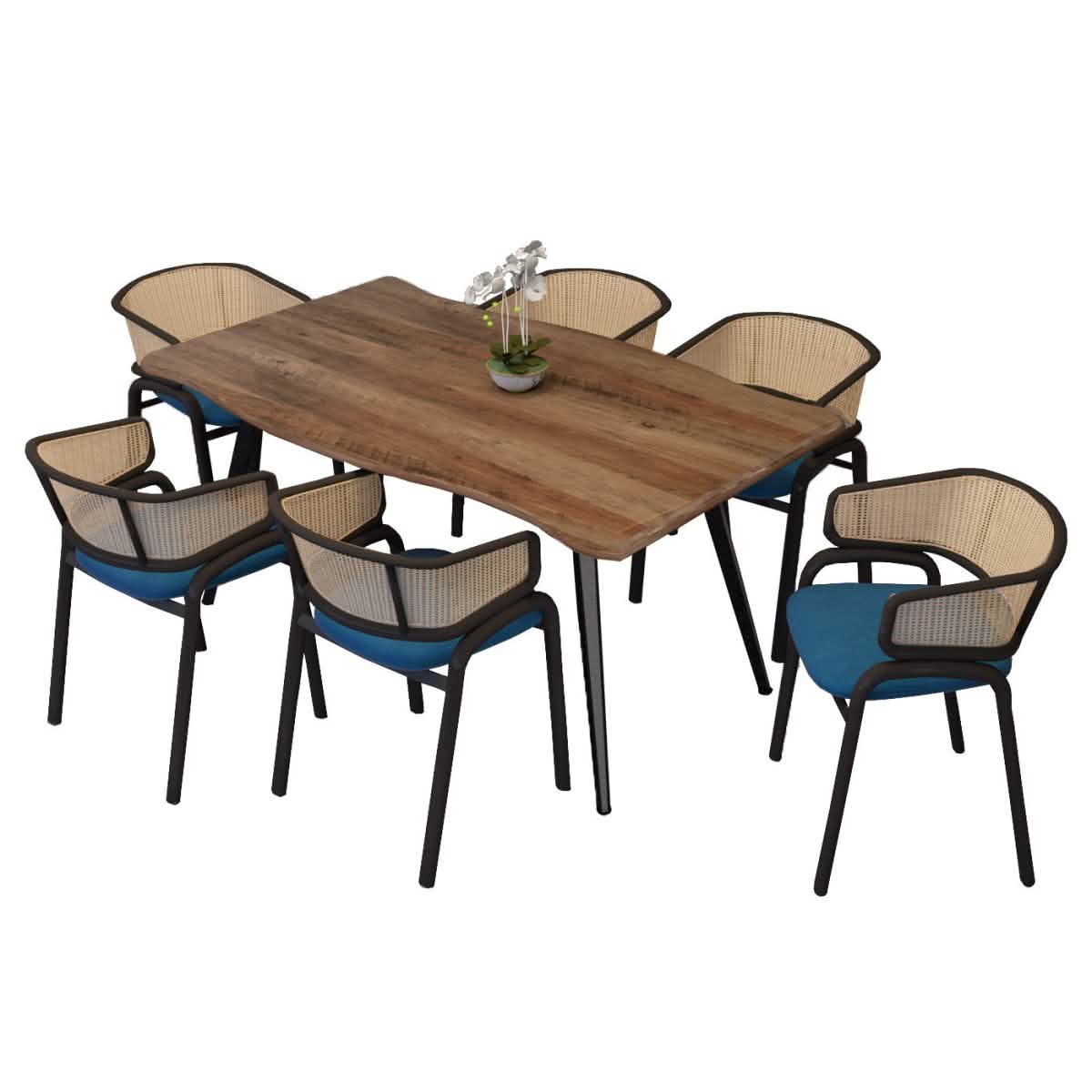 Ravenna 7-Piece Dining Set with 63” Rectangular Table and 6-Piece Velvet Arm Chairs Dining Set Leisuremod