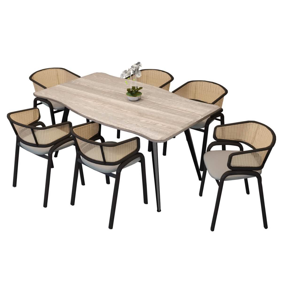 Ravenna 7-Piece Dining Set with 63” Rectangular Table and 6-Piece Velvet Arm Chairs Dining Set Leisuremod