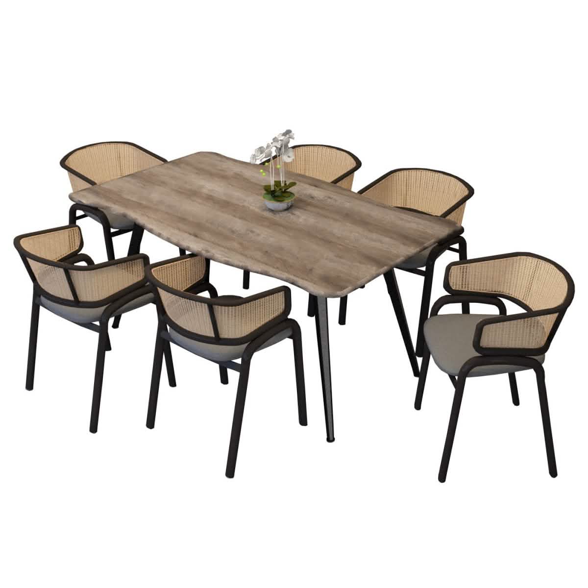 Ravenna 7-Piece Dining Set with 63” Rectangular Table and 6-Piece Velvet Arm Chairs Dining Set Leisuremod