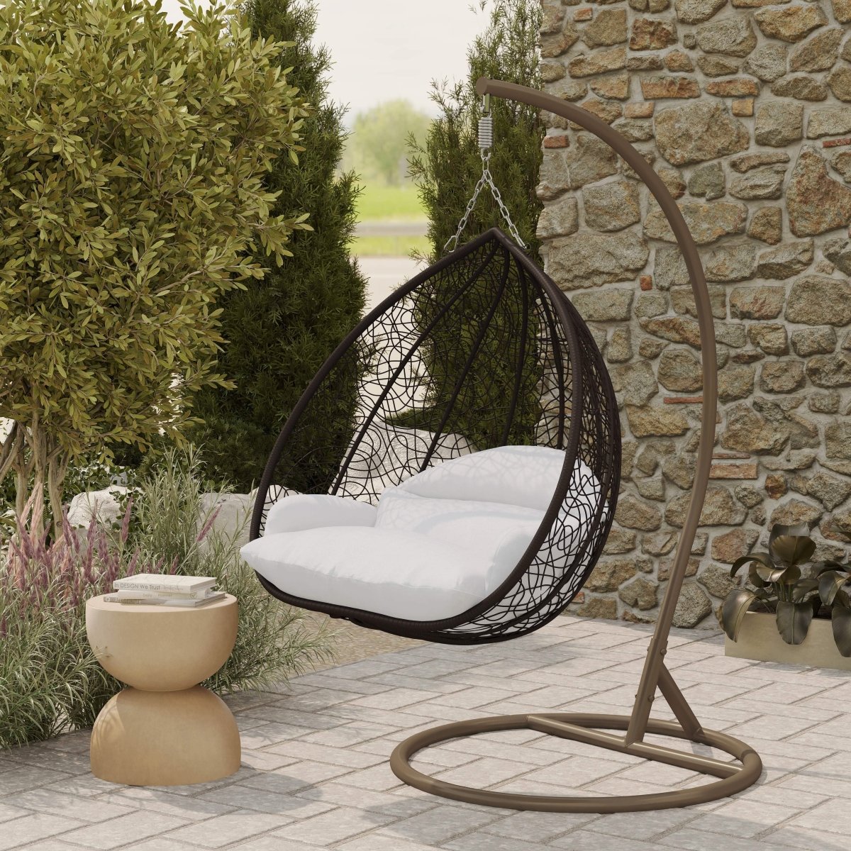 Recluse Modern Outdoor Egg Swing Chair Black/Brown/Grey Frame in Teardrop Design with ES57 Cushion