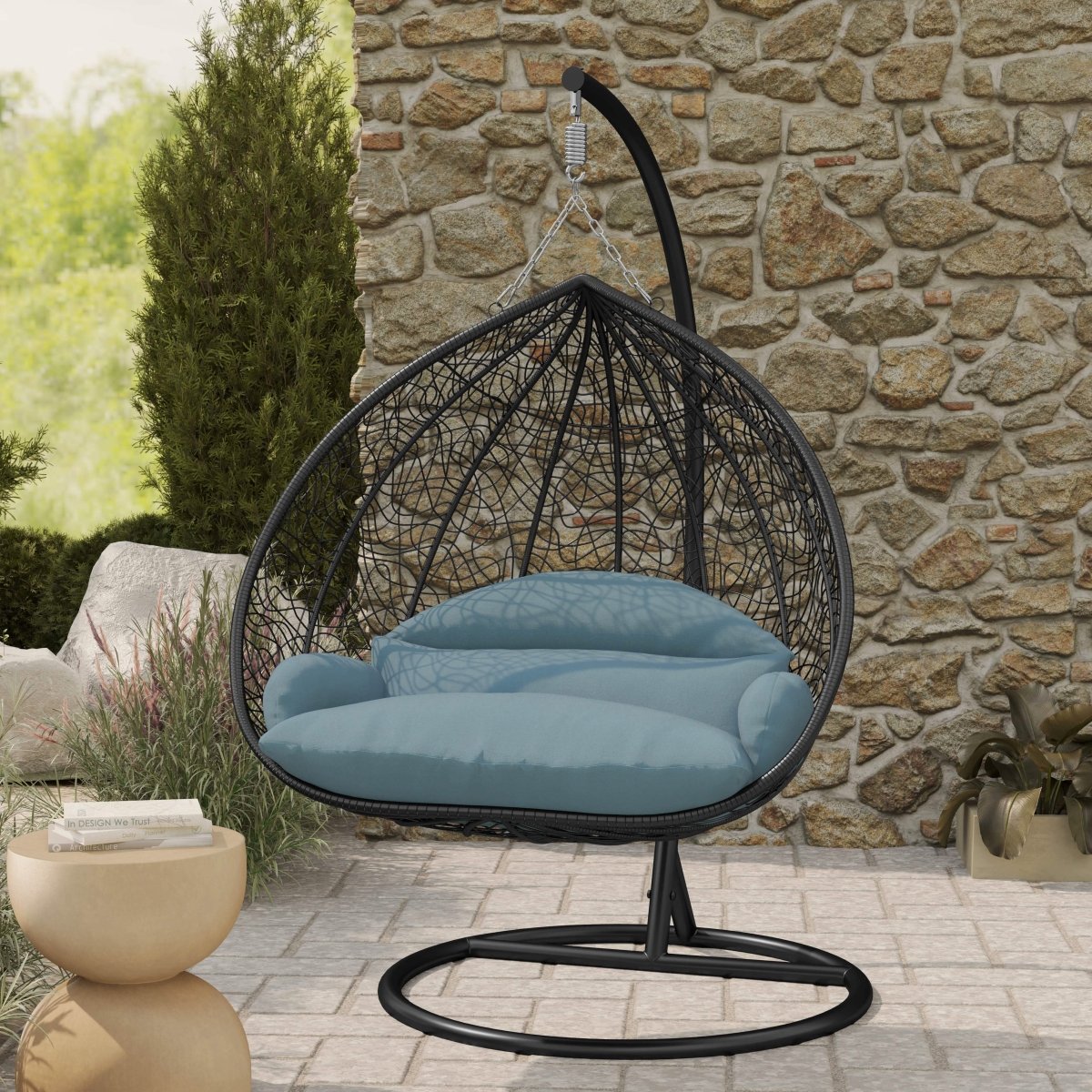 Recluse Modern Outdoor Egg Swing Chair Black/Brown/Grey Frame in Teardrop Design with ES57 Cushion