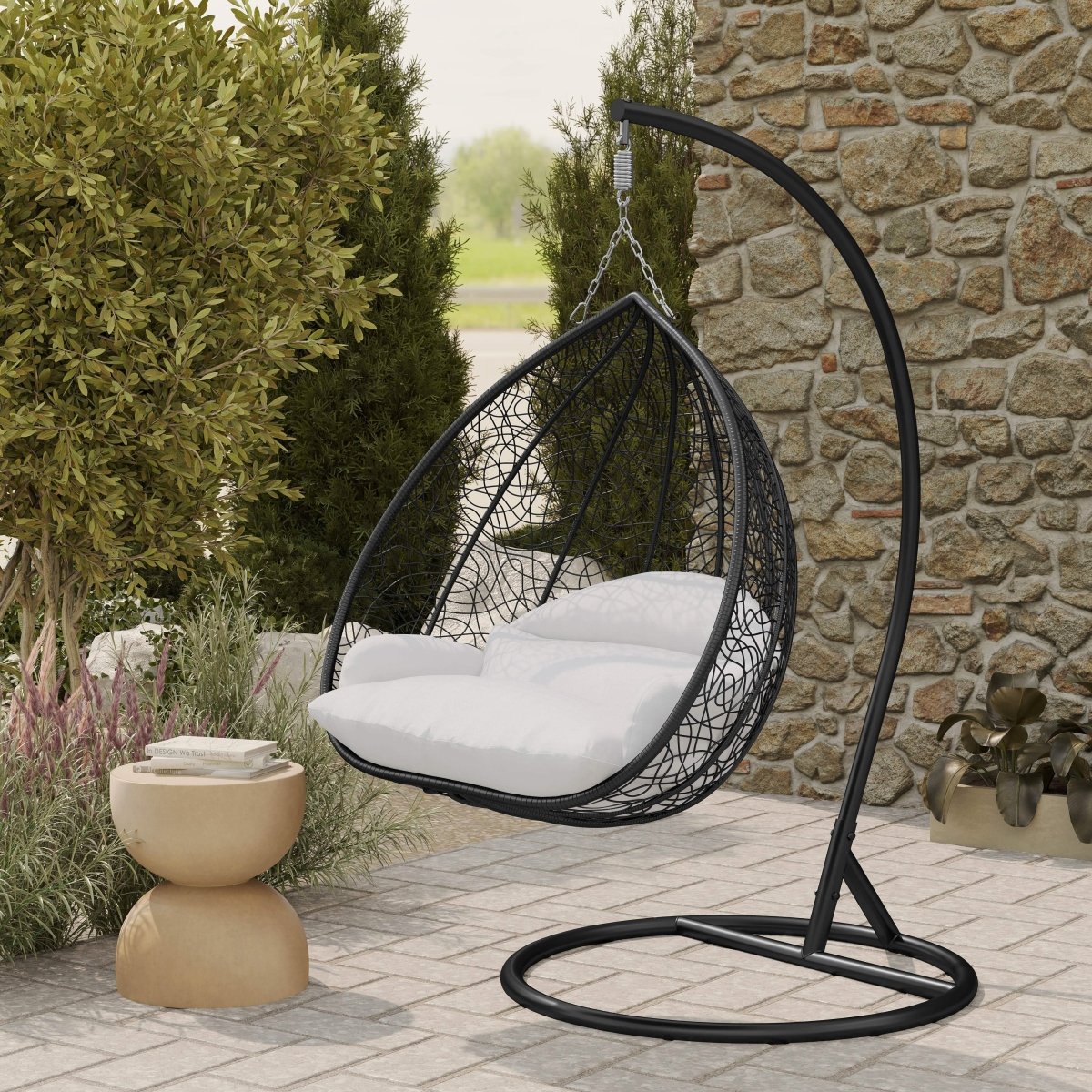Recluse Modern Outdoor Egg Swing Chair Black/Brown/Grey Frame in Teardrop Design with ES57 Cushion