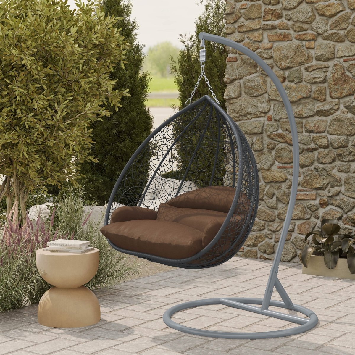Recluse Modern Outdoor Egg Swing Chair Black/Brown/Grey Frame in Teardrop Design with ES57 Cushion