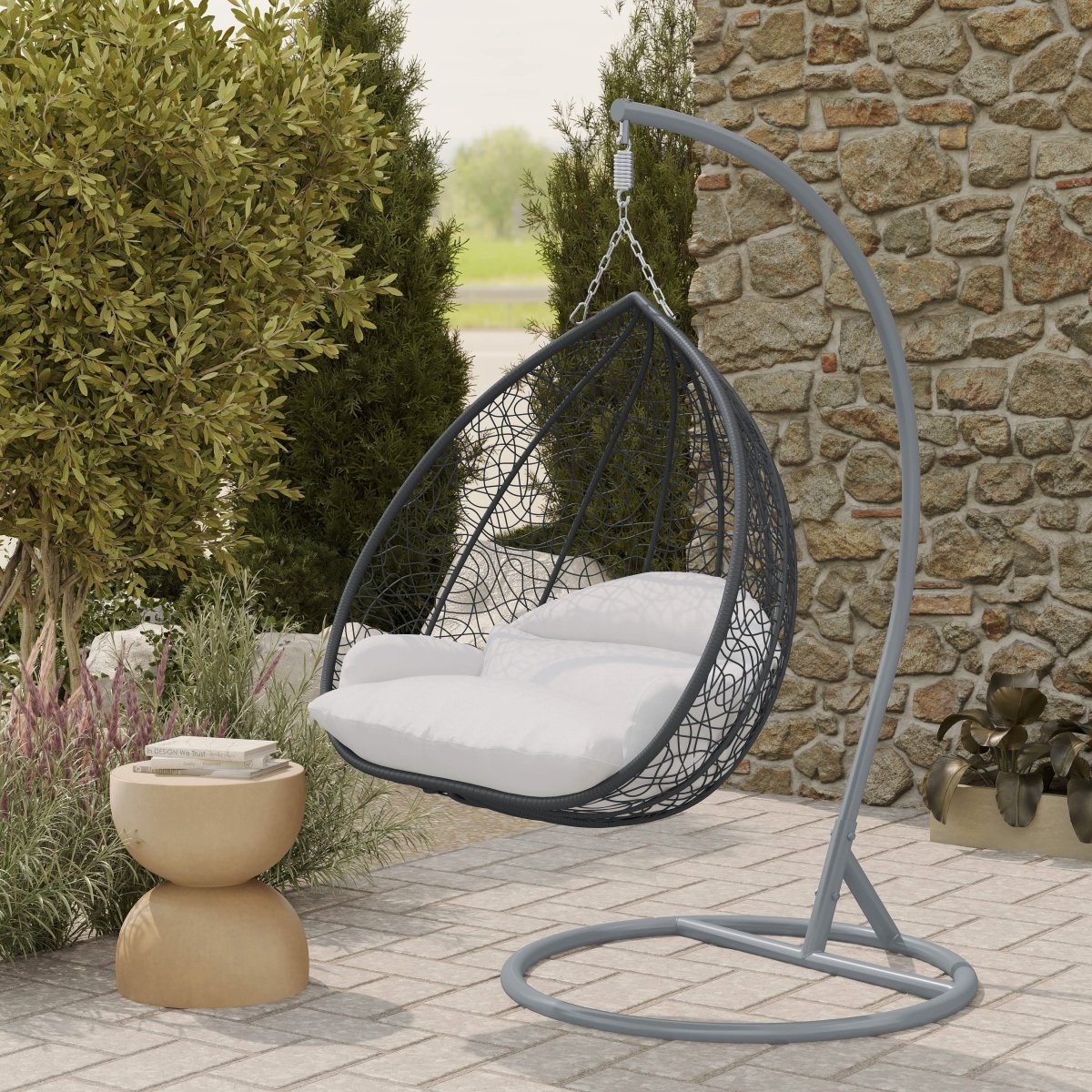 Recluse Modern Outdoor Egg Swing Chair Black/Brown/Grey Frame in Teardrop Design with ES57 Cushion