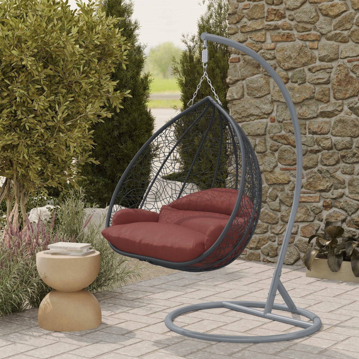 Recluse Modern Outdoor Egg Swing Chair Black/Brown/Grey Frame in Teardrop Design with ES57 Cushion