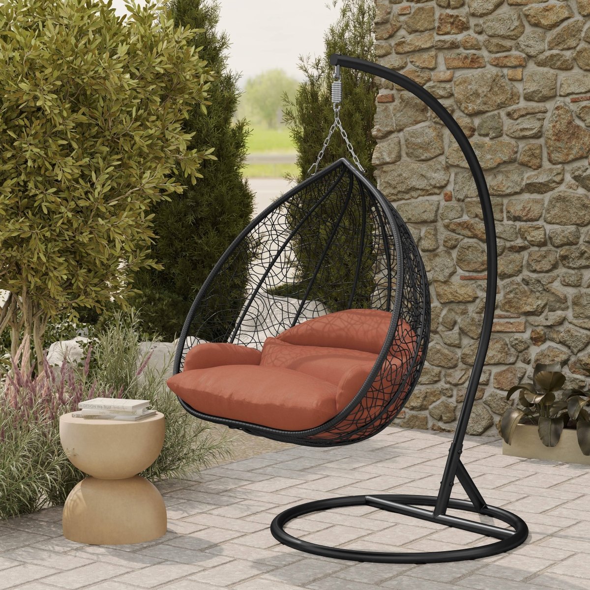 Recluse Modern Outdoor Egg Swing Chair Black/Brown/Grey Frame in Teardrop Design with ES57 Cushion