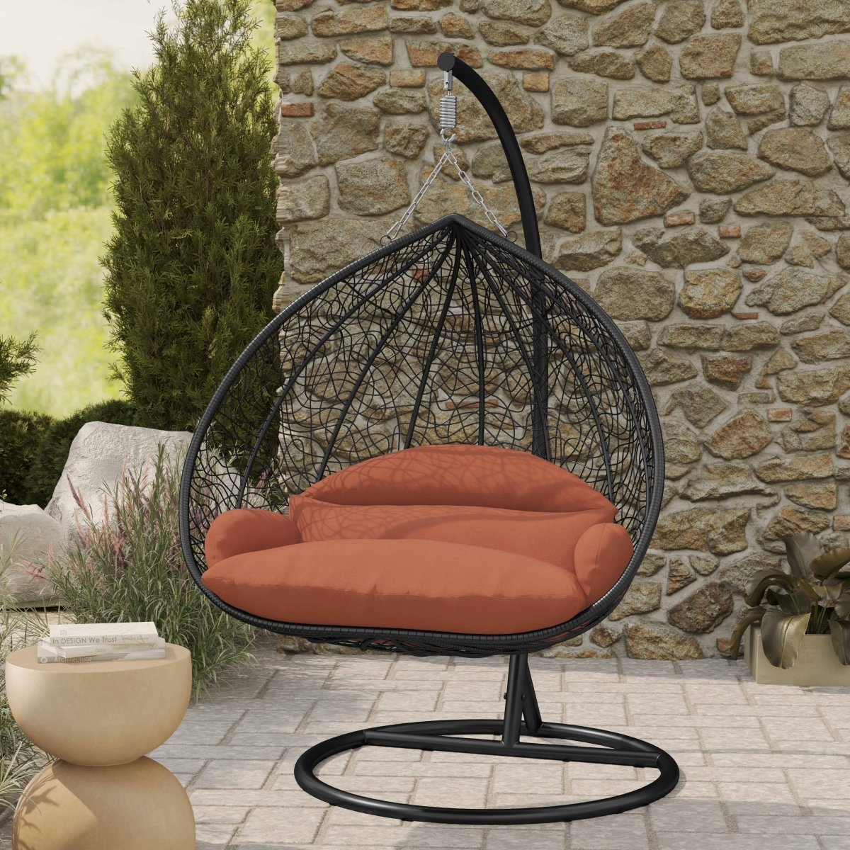 Recluse Modern Outdoor Egg Swing Chair Black/Brown/Grey Frame in Teardrop Design with ES57 Cushion