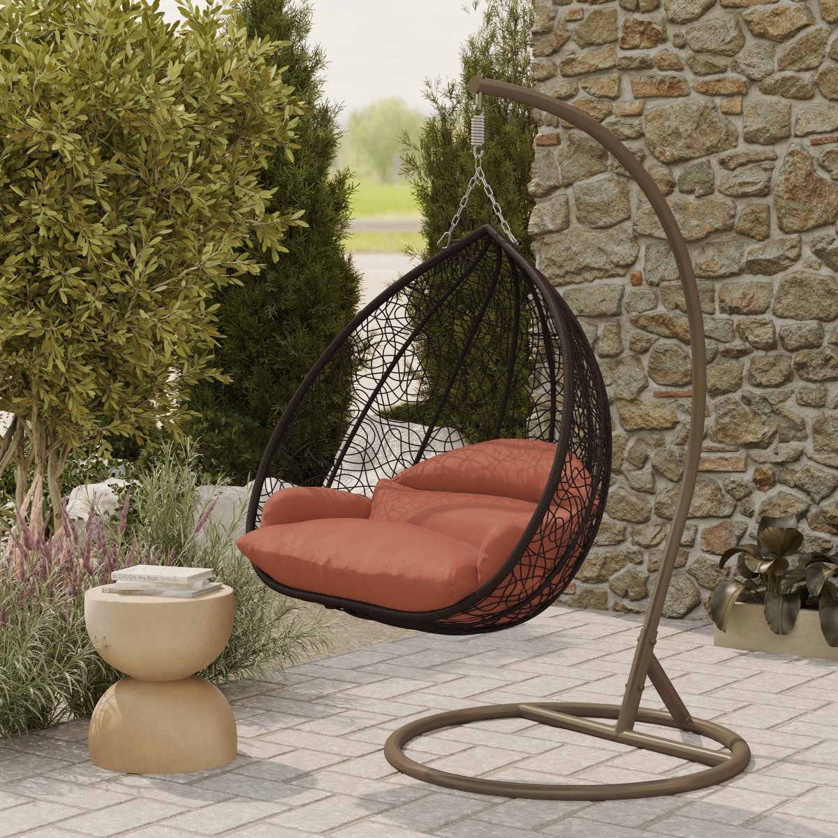 Recluse Modern Outdoor Egg Swing Chair Black/Brown/Grey Frame in Teardrop Design with ES57 Cushion