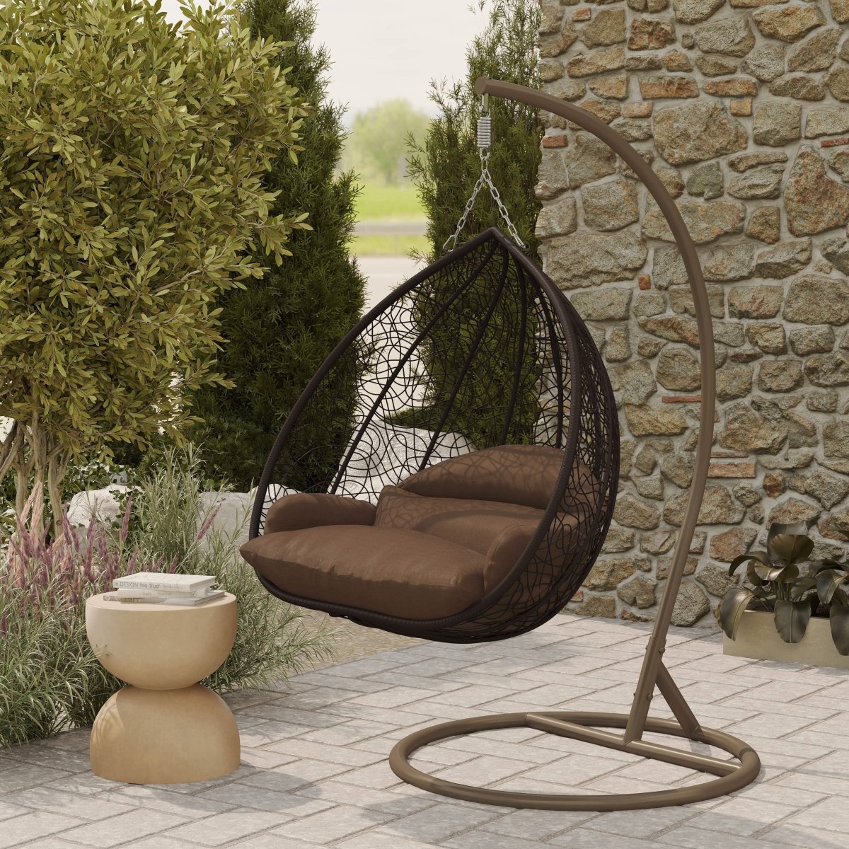 Recluse Modern Outdoor Egg Swing Chair Black/Brown/Grey Frame in Teardrop Design with ES57 Cushion