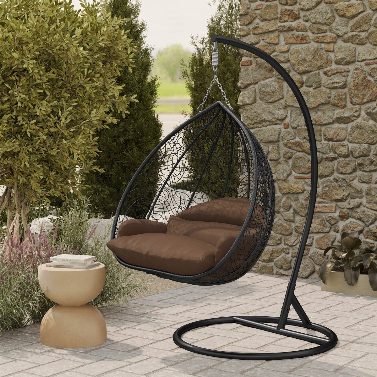 Recluse Modern Outdoor Egg Swing Chair Black/Brown/Grey Frame in Teardrop Design with ES57 Cushion