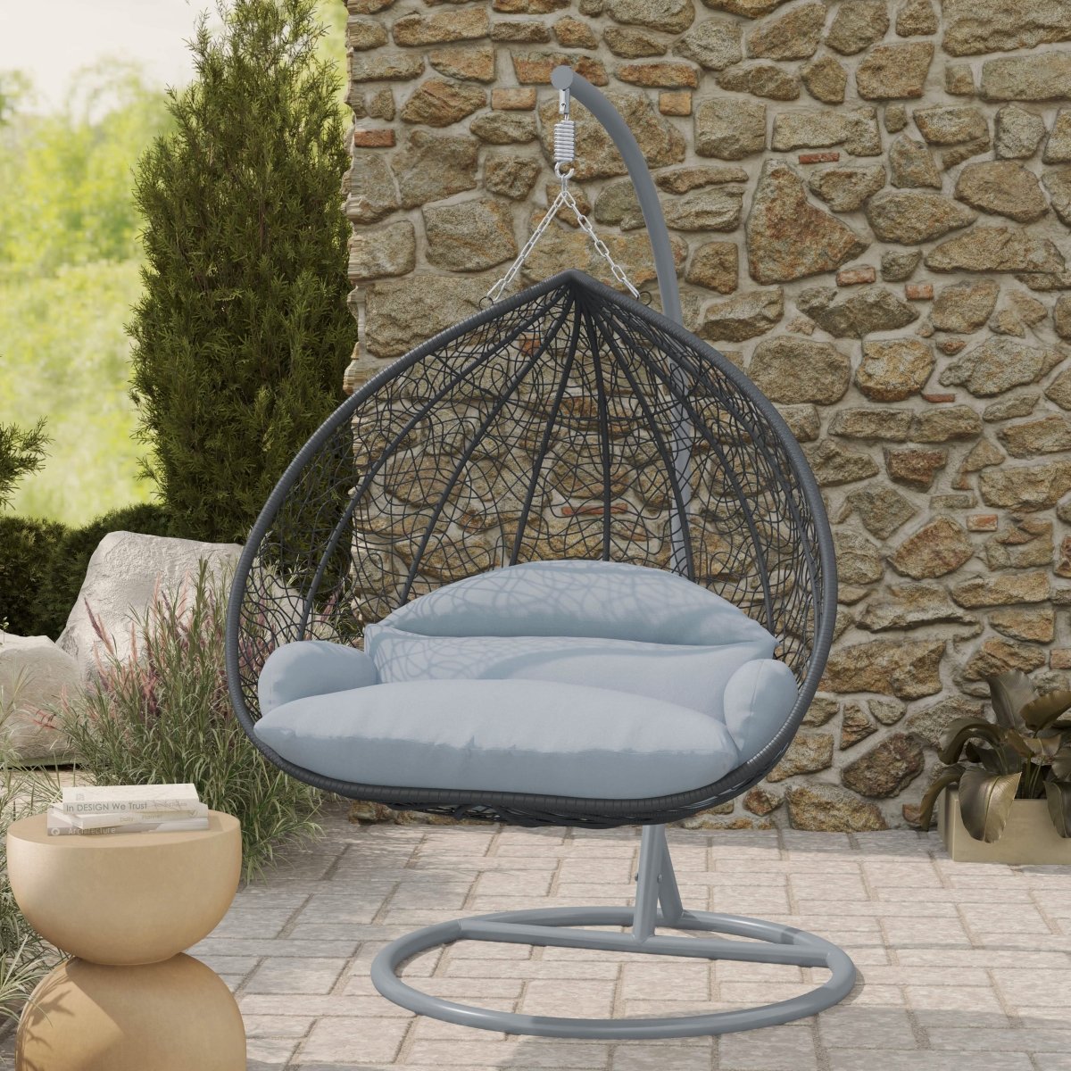 Recluse Modern Outdoor Egg Swing Chair Black/Brown/Grey Frame in Teardrop Design with ES57 Cushion