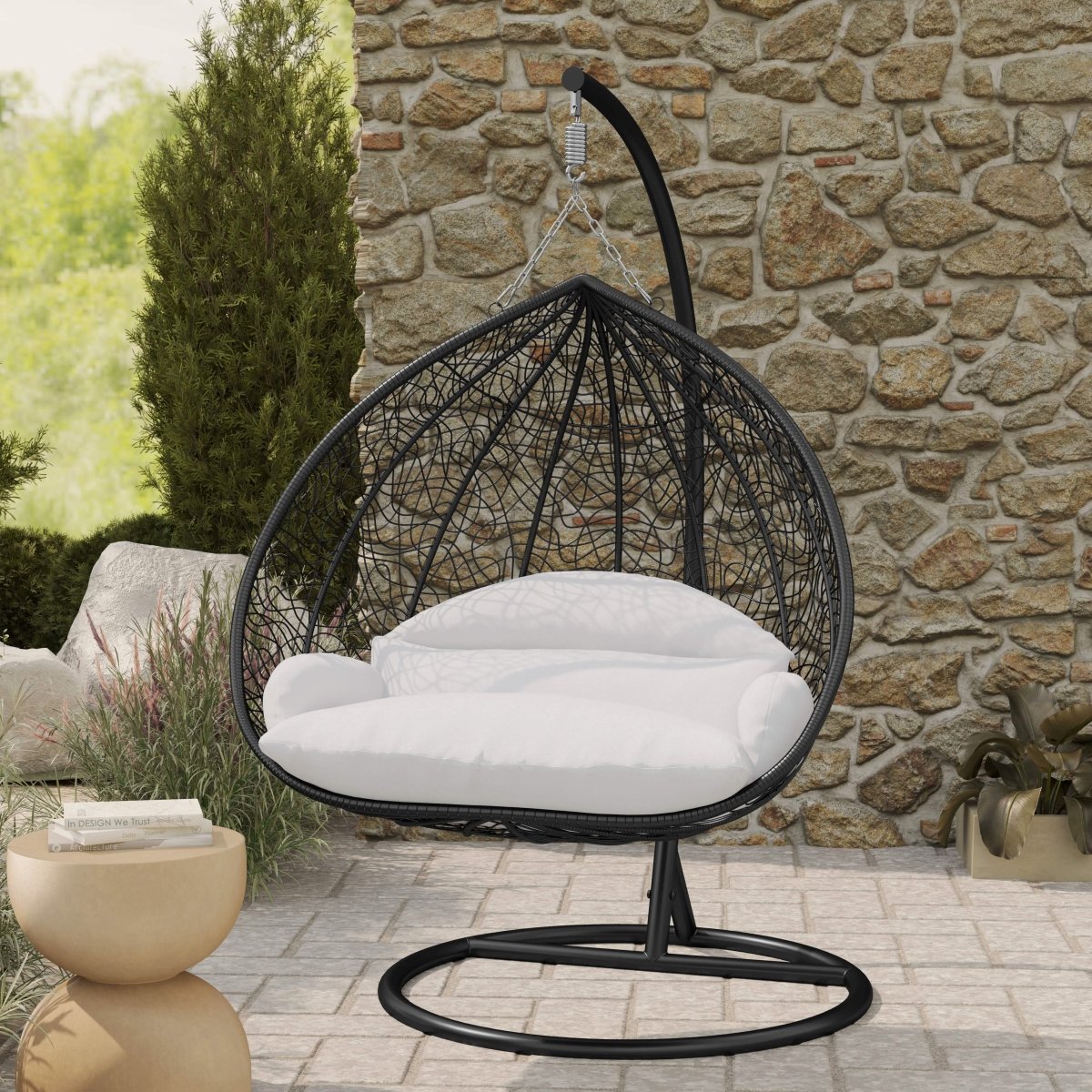 Recluse Modern Outdoor Egg Swing Chair Black/Brown/Grey Frame in Teardrop Design with ES57 Cushion