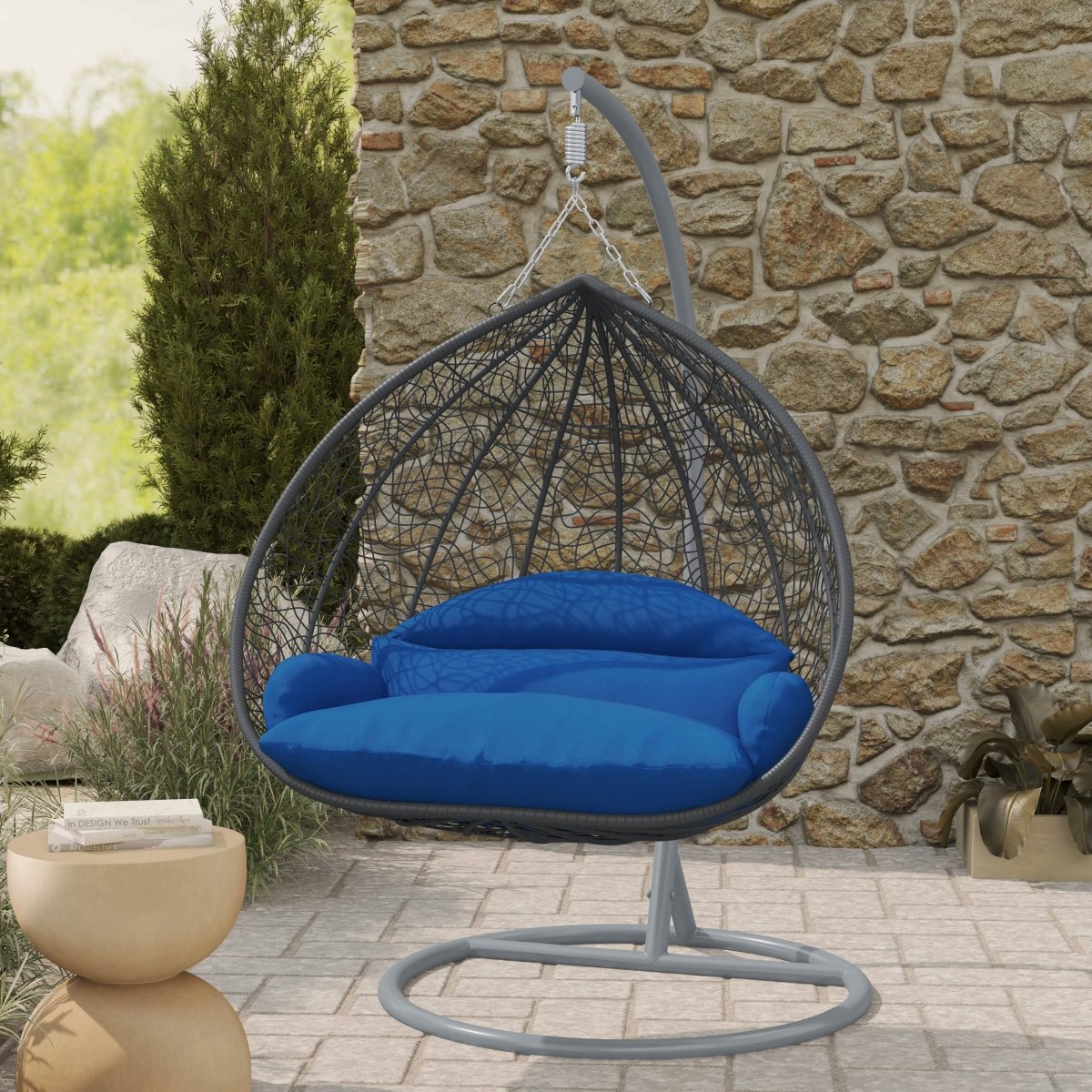 Recluse Modern Outdoor Egg Swing Chair Black/Brown/Grey Frame in Teardrop Design with ES57 Cushion