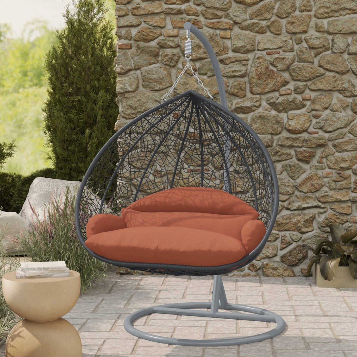 Recluse Modern Outdoor Egg Swing Chair Black/Brown/Grey Frame in Teardrop Design with ES57 Cushion