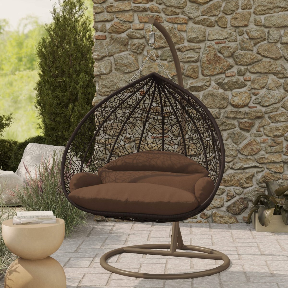 Recluse Modern Outdoor Egg Swing Chair Black/Brown/Grey Frame in Teardrop Design with ES57 Cushion
