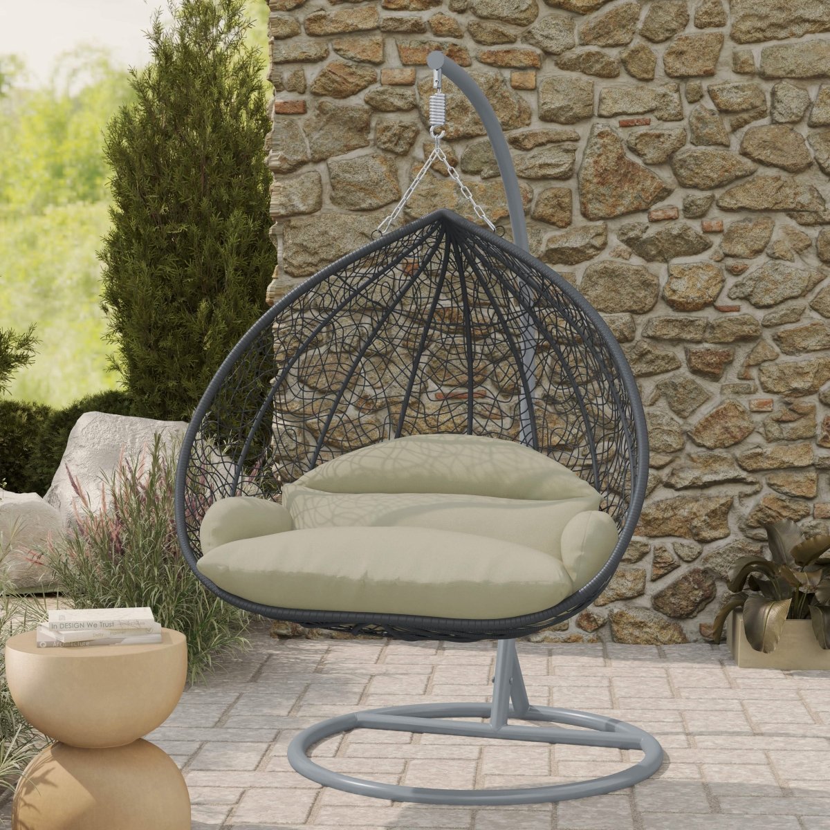 Recluse Modern Outdoor Egg Swing Chair Black/Brown/Grey Frame in Teardrop Design with ES57 Cushion