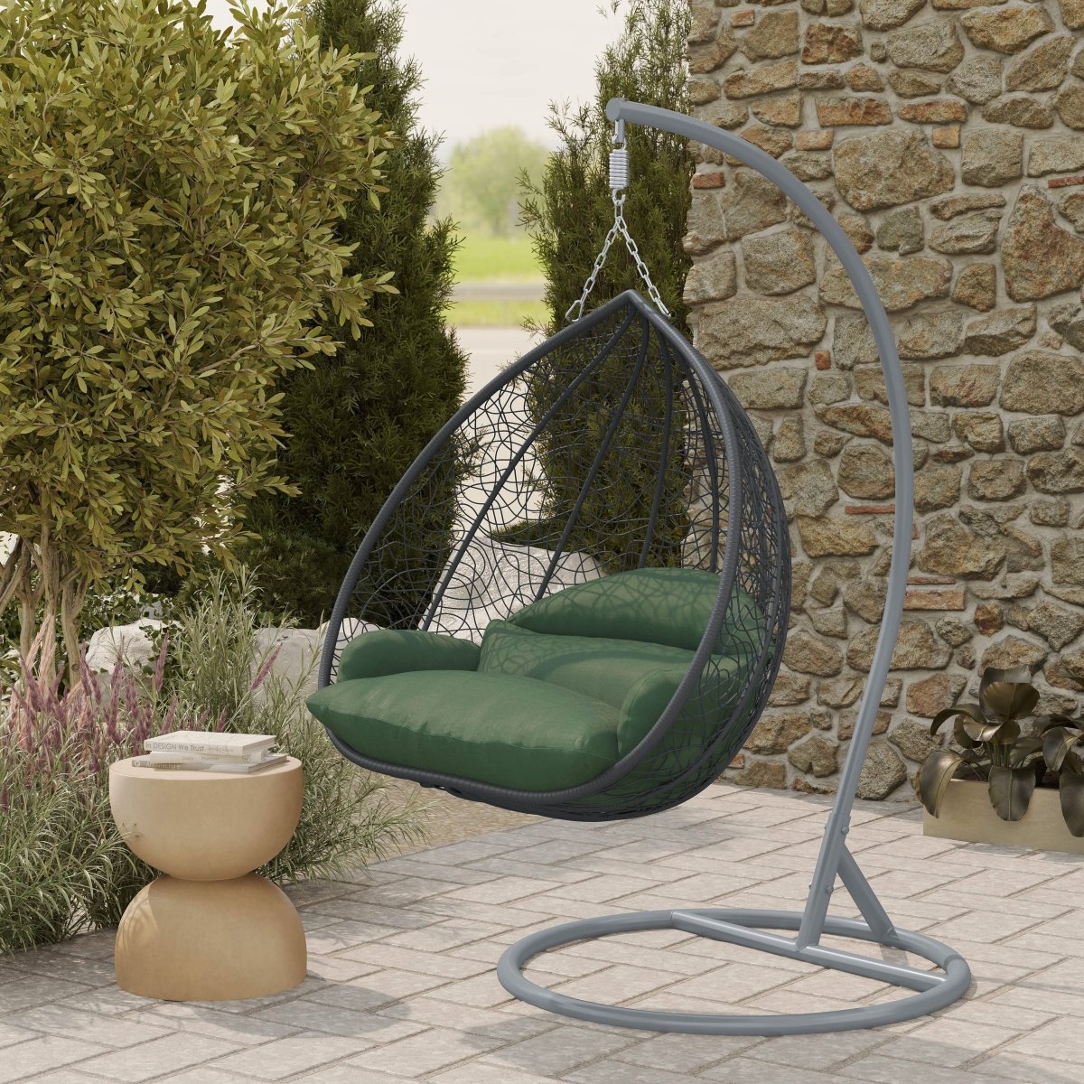 Recluse Modern Outdoor Egg Swing Chair Black/Brown/Grey Frame in Teardrop Design with ES57 Cushion