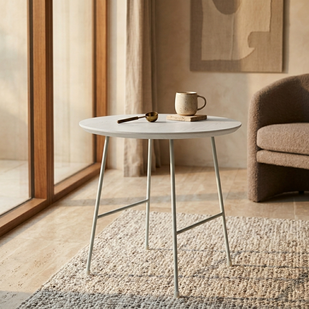 Rossmore Round Side Table with MDF Wood Tabletop in White Steel