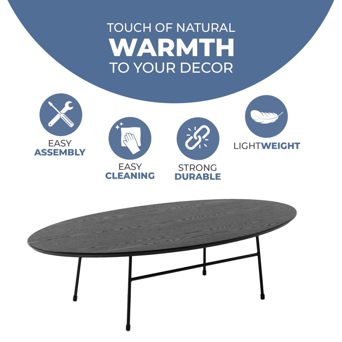 Rossmore Oval Coffee Table with MDF Wood Tabletop in Black/White Steel Frame