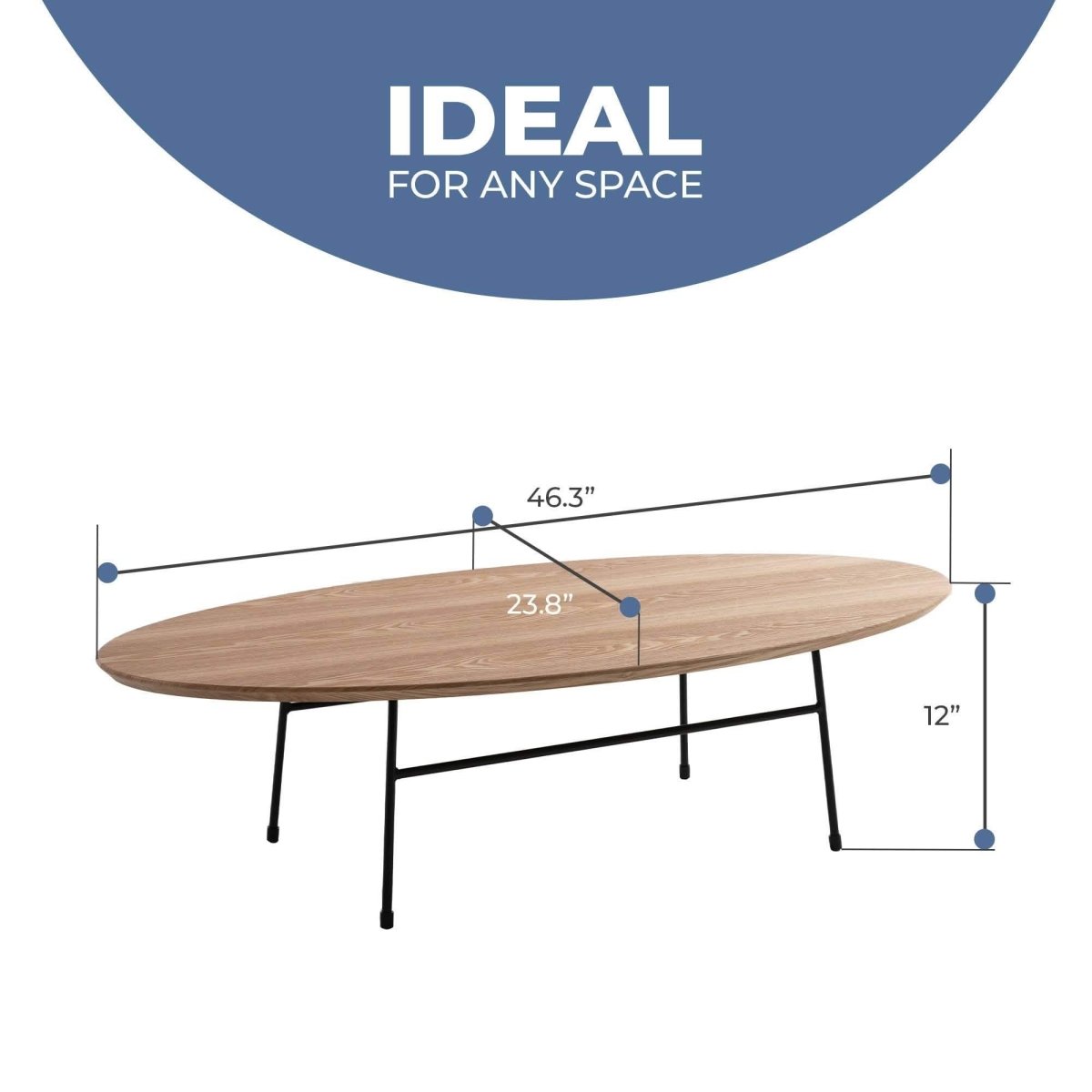 Rossmore Oval Coffee Table with MDF Wood Tabletop in Black/White Steel Frame