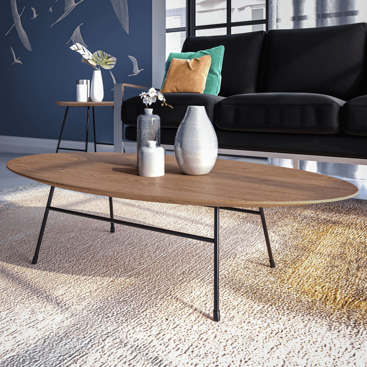 Rossmore Oval Coffee Table with MDF Wood Tabletop in Black/White Steel Frame