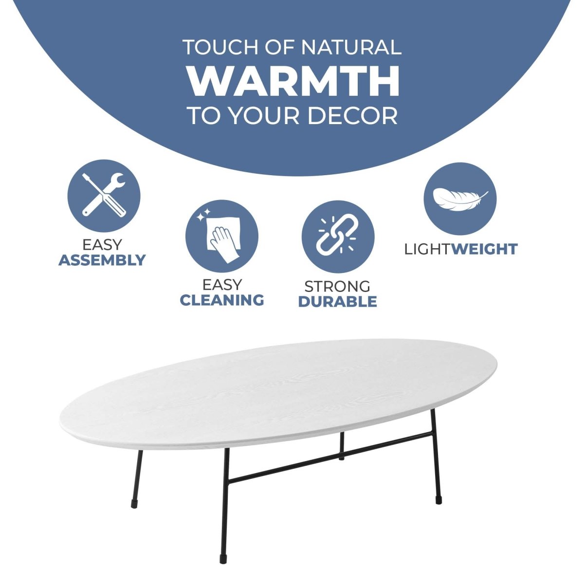 Rossmore Oval Coffee Table with MDF Wood Tabletop in Black/White Steel Frame