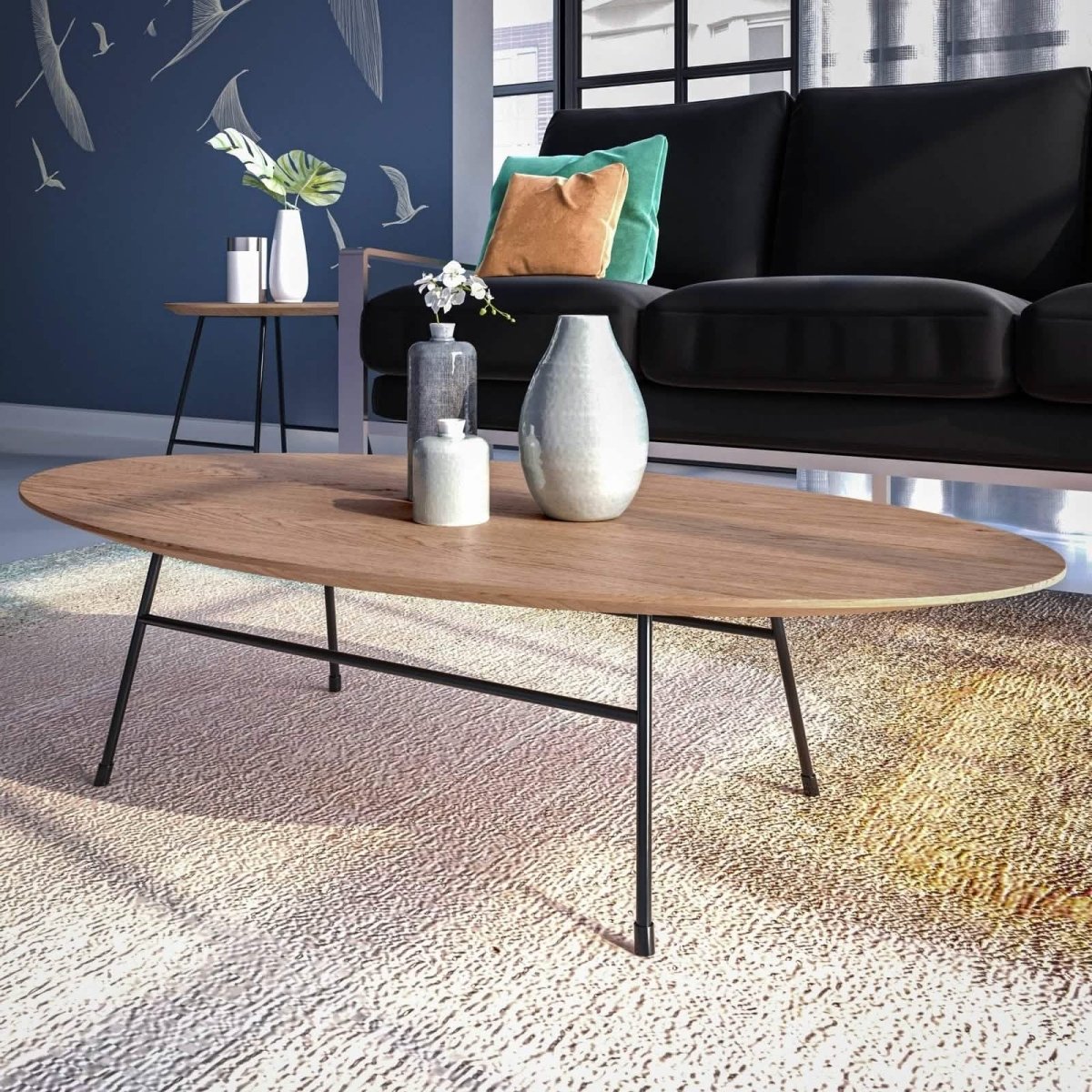 Rossmore Oval Coffee Table with MDF Wood Tabletop in Black/White Steel Frame