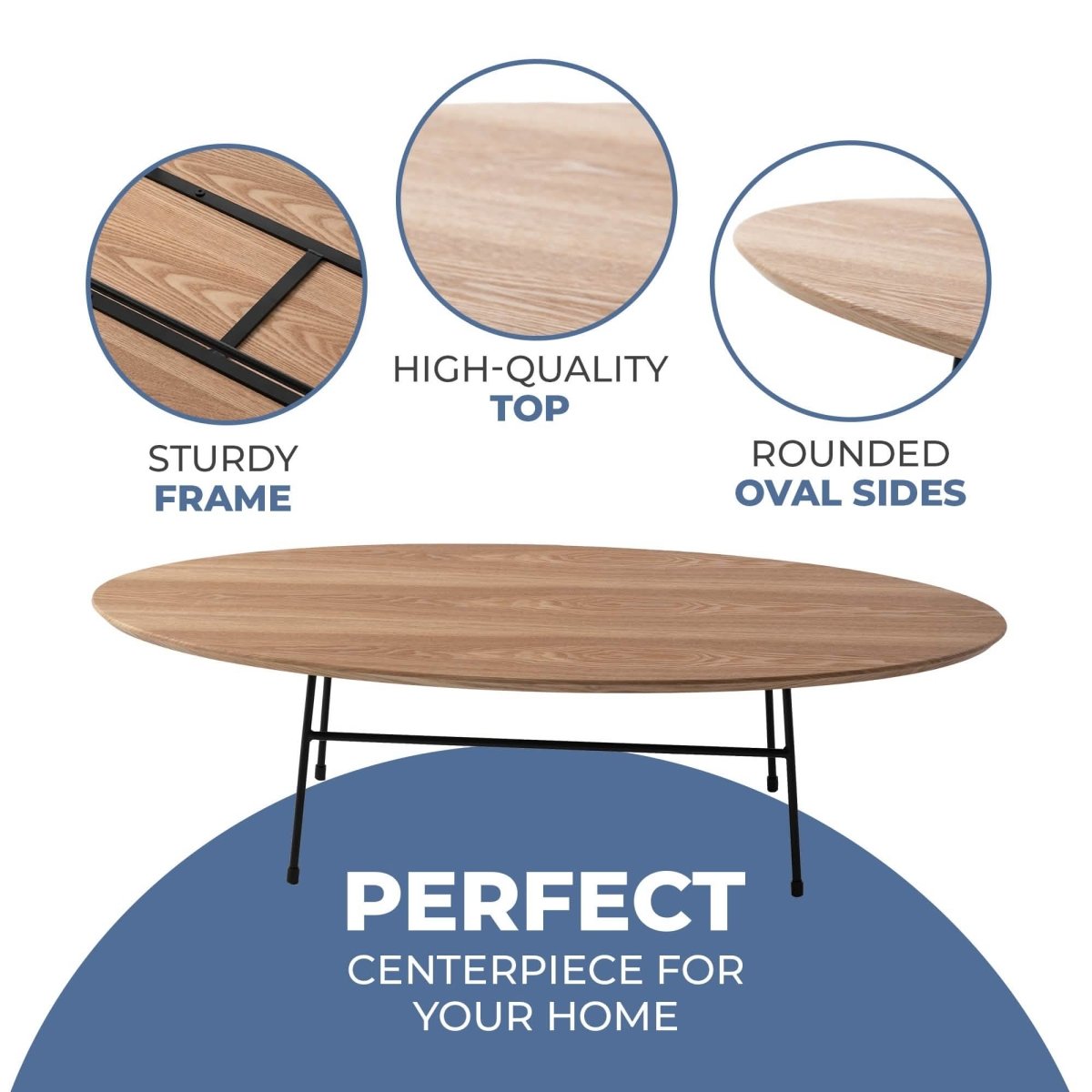 Rossmore Oval Coffee Table with MDF Wood Tabletop in Black/White Steel Frame