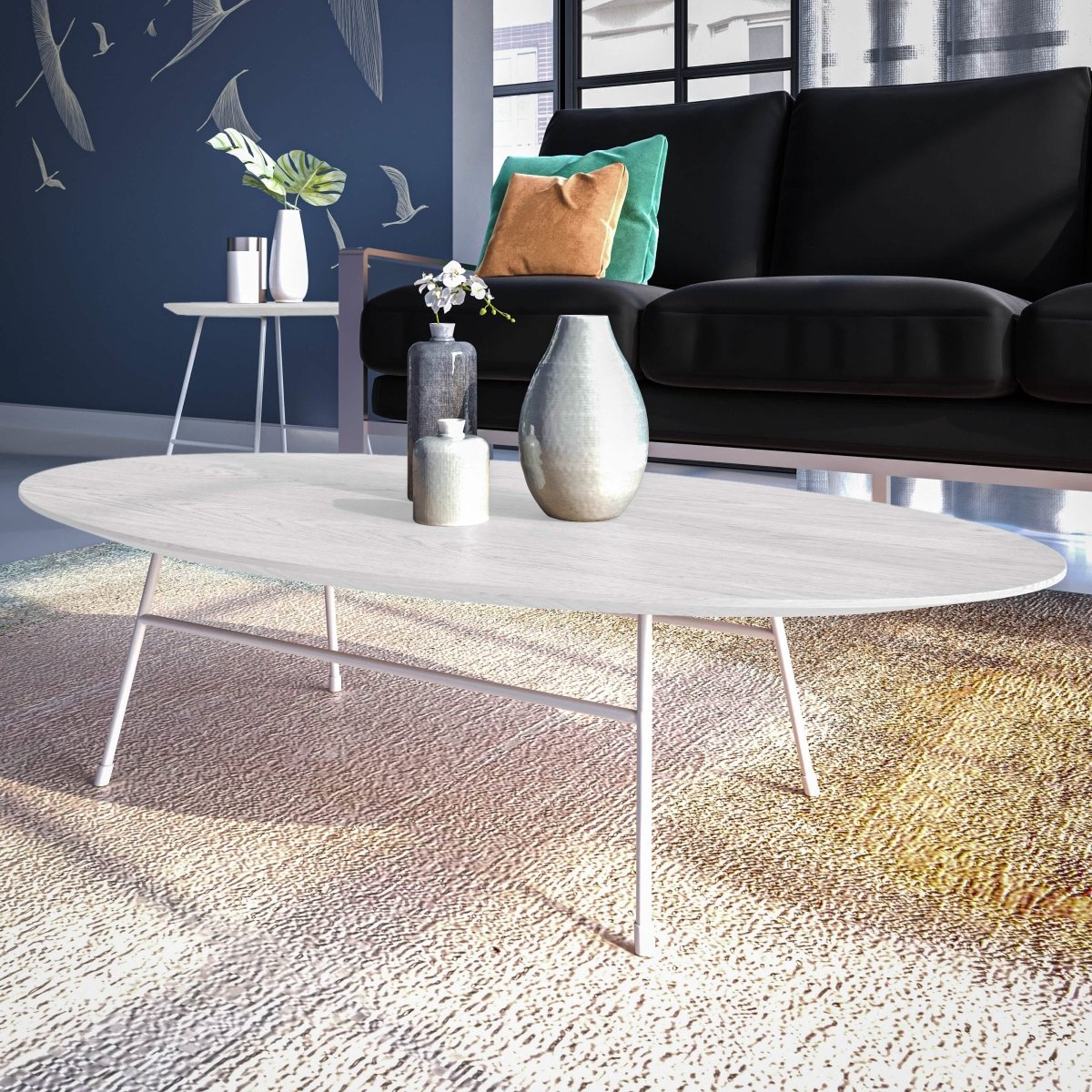 Rossmore Oval Coffee Table with MDF Wood Tabletop in Black/White Steel Frame