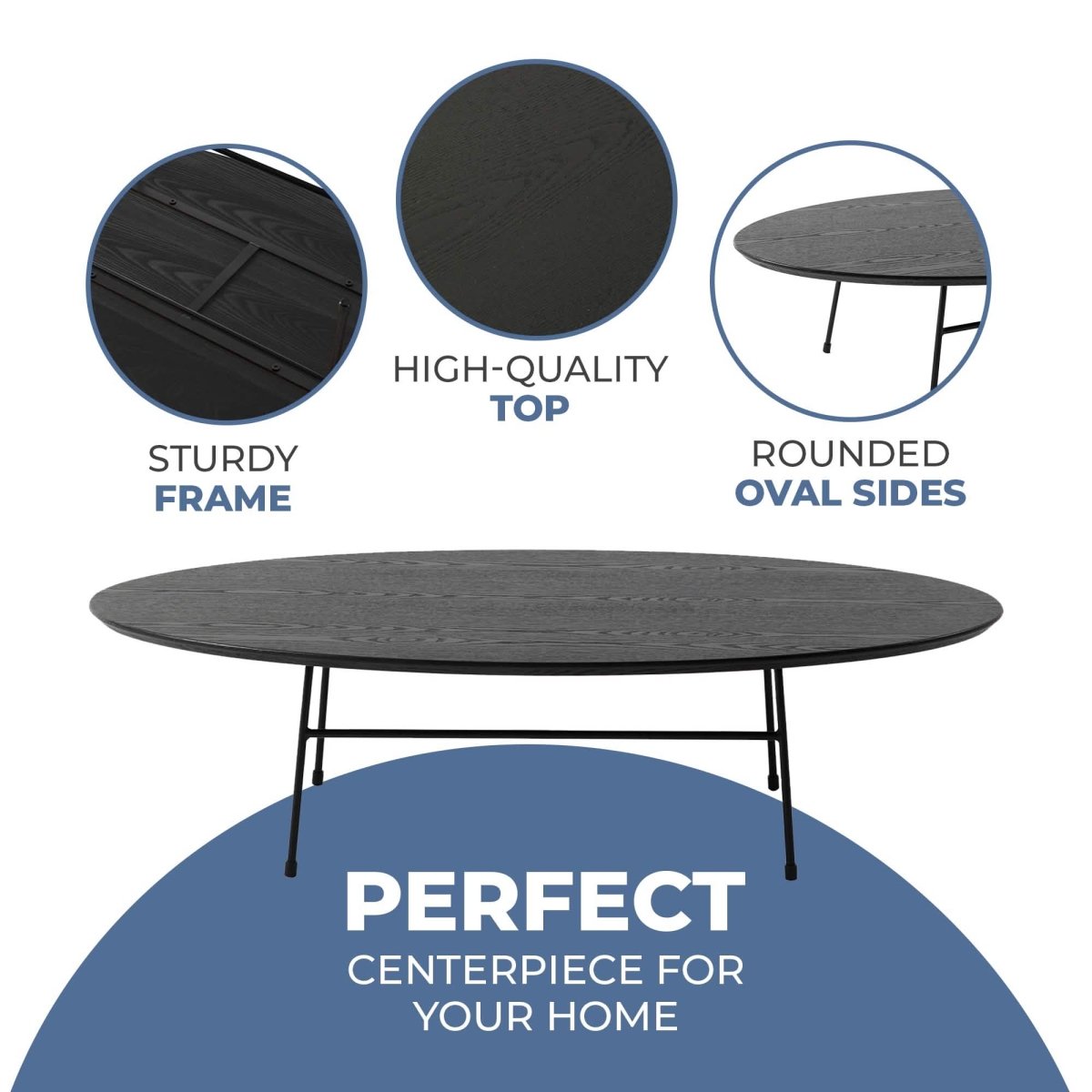 Rossmore Oval Coffee Table with MDF Wood Tabletop in Black/White Steel Frame