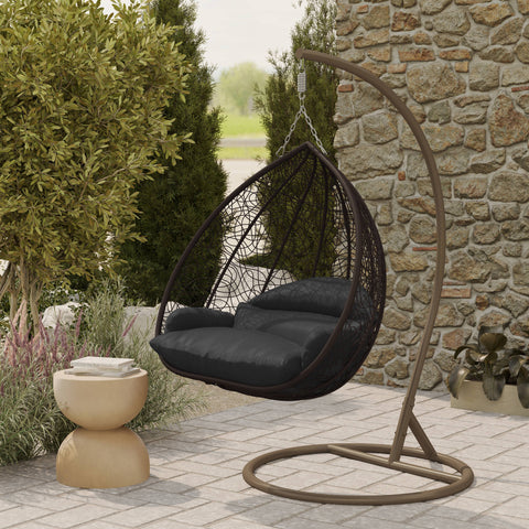 Recluse Modern Outdoor Egg Swing Chair Black/Brown/Grey Frame in Teardrop Design with ES57 Cushion
