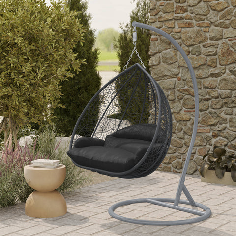 Recluse Modern Outdoor Egg Swing Chair Black/Brown/Grey Frame in Teardrop Design with ES57 Cushion