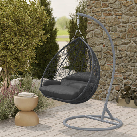 Recluse Modern Outdoor Egg Swing Chair Black/Brown/Grey Frame in Teardrop Design with ES57 Cushion