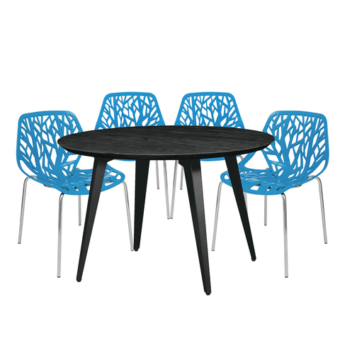 Ravenna 5-Piece Dining Set: 4 Stackable Plastic Chairs & Round Wood Table, Metal Base