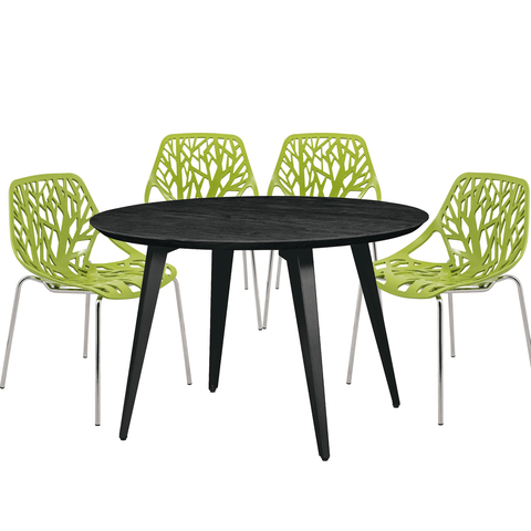 Ravenna 5-Piece Dining Set: 4 Stackable Plastic Chairs & Round Wood Table, Metal Base