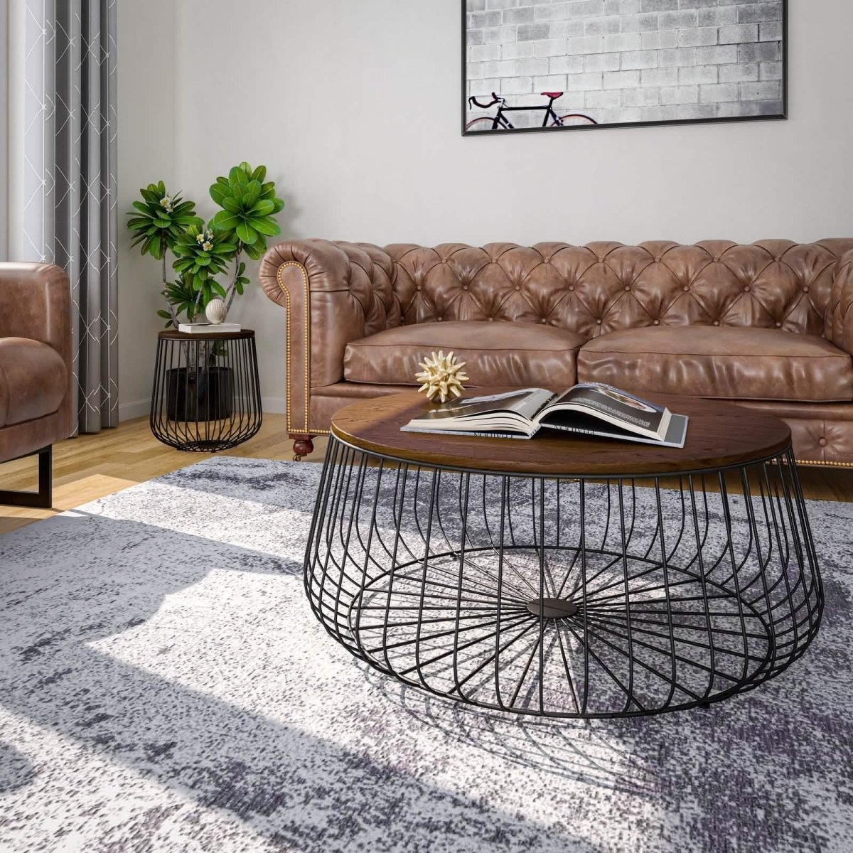 Runswick Round Coffee Table with MDF Tabletop Storage Space in Black Steel Base