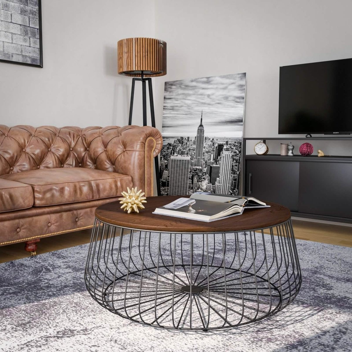 Runswick Round Coffee Table with MDF Tabletop Storage Space in Black Steel Base