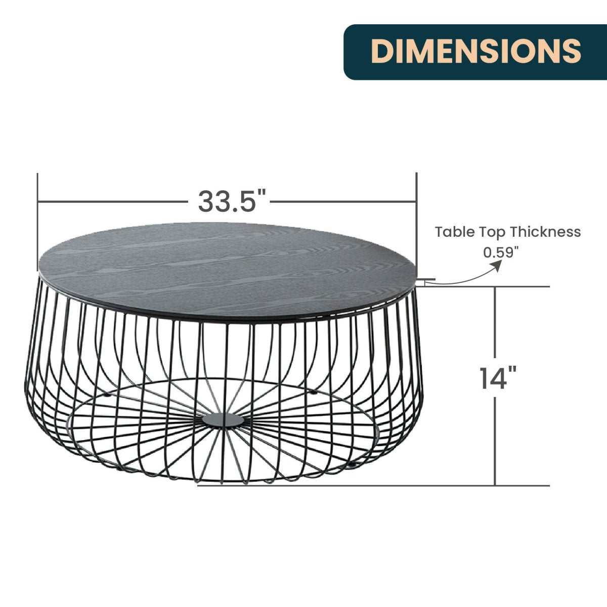 Runswick Round Coffee Table with MDF Tabletop Storage Space in Black Steel Base