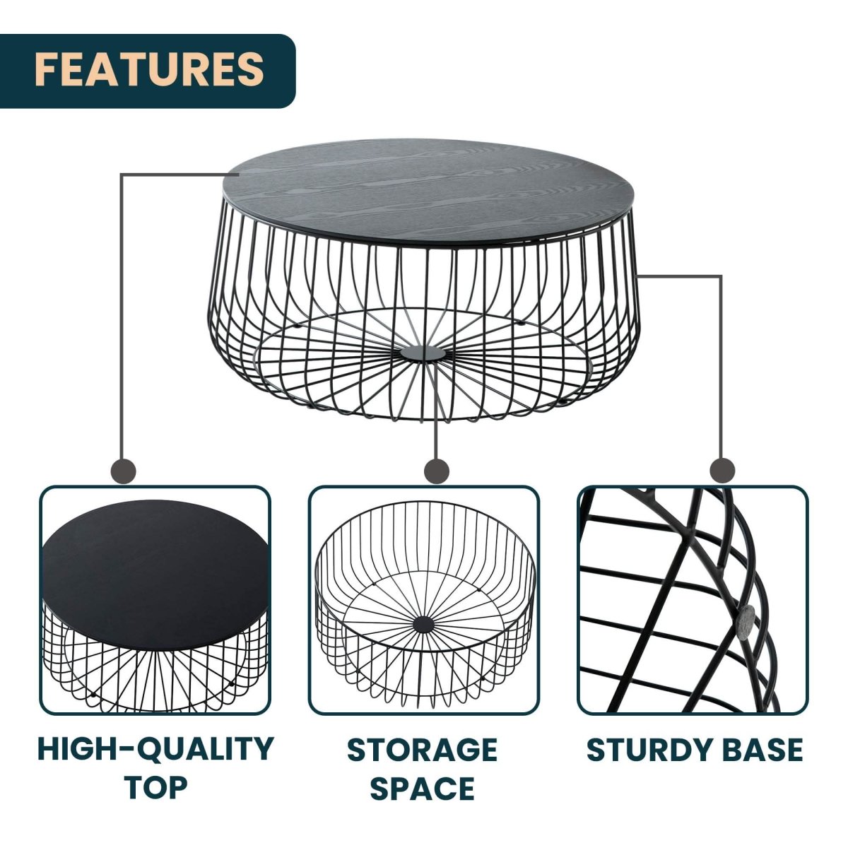 Runswick Round Coffee Table with MDF Tabletop Storage Space in Black Steel Base